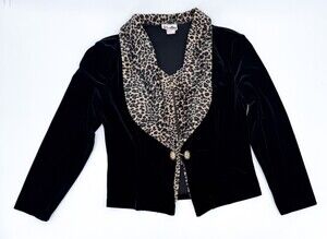 Vintage Sally Top Womens Extra Large Black Leopard Velvet Hook & Zip Padded